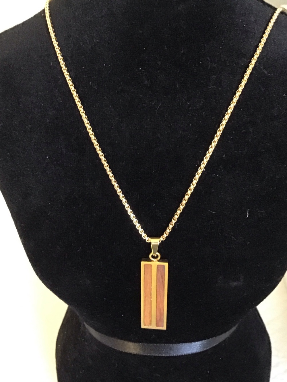 Woman’s Necklace Gold Color with Rectangular Wood Inlay Pendant